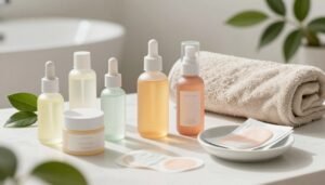 A beautifully organized skincare flat lay, showcasing an array of products designed for combination skin and acne patches. In the foreground, a variety of colorful, sleek skincare bottles and jars, labeled with soft pastel colors, reflect a minimalistic yet vibrant aesthetic. Nearby, a few acne patches are elegantly placed on a smooth, white ceramic dish, emphasizing their importance in skincare. The middle ground features a plush, neutral-toned towel and fresh green plant leaves, adding a touch of nature. The background softly blurred, suggesting a well-lit, serene bathroom environment. Soft, natural light streams in, creating a calming atmosphere. The overall composition conveys a sense of harmony and balance, perfect for the theme of skincare routines tailored for mixed skin.