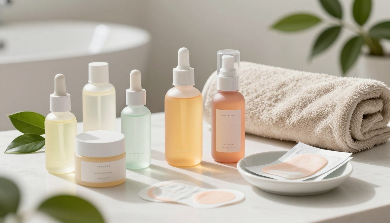 A beautifully organized skincare flat lay, showcasing an array of products designed for combination skin and acne patches. In the foreground, a variety of colorful, sleek skincare bottles and jars, labeled with soft pastel colors, reflect a minimalistic yet vibrant aesthetic. Nearby, a few acne patches are elegantly placed on a smooth, white ceramic dish, emphasizing their importance in skincare. The middle ground features a plush, neutral-toned towel and fresh green plant leaves, adding a touch of nature. The background softly blurred, suggesting a well-lit, serene bathroom environment. Soft, natural light streams in, creating a calming atmosphere. The overall composition conveys a sense of harmony and balance, perfect for the theme of skincare routines tailored for mixed skin.