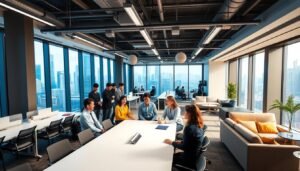 A modern, flexible office space in Causeway Bay, featuring sleek, contemporary design with large windows allowing natural light to stream in, illuminating the open layout. In the foreground, a diverse group of professionals, dressed in smart business attire, engage in collaborative discussions around a stylish conference table. The middle ground showcases various work zones, including co-working desks with comfortable chairs and modern technology, and a cozy lounge area with comfortable seating for casual meetings. The background displays a cityscape view through the windows, hinting at the vibrant atmosphere of Hong Kong. The overall mood is dynamic and inspiring, emphasizing creativity, collaboration, and the advantages of flexible rental options in a bustling urban environment. Bright, vibrant lighting enhances the inviting atmosphere of the workspace.