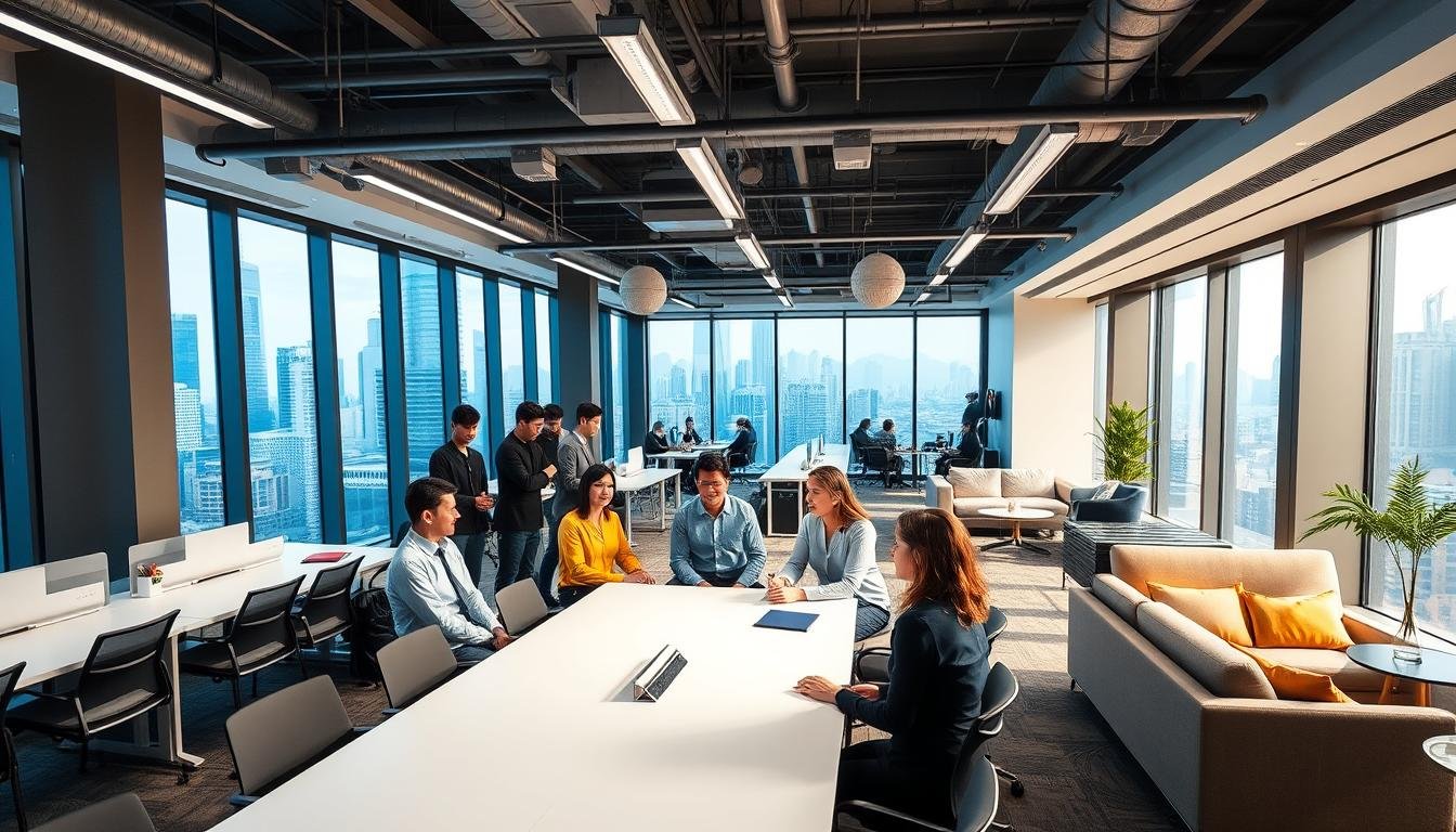 A modern, flexible office space in Causeway Bay, featuring sleek, contemporary design with large windows allowing natural light to stream in, illuminating the open layout. In the foreground, a diverse group of professionals, dressed in smart business attire, engage in collaborative discussions around a stylish conference table. The middle ground showcases various work zones, including co-working desks with comfortable chairs and modern technology, and a cozy lounge area with comfortable seating for casual meetings. The background displays a cityscape view through the windows, hinting at the vibrant atmosphere of Hong Kong. The overall mood is dynamic and inspiring, emphasizing creativity, collaboration, and the advantages of flexible rental options in a bustling urban environment. Bright, vibrant lighting enhances the inviting atmosphere of the workspace.