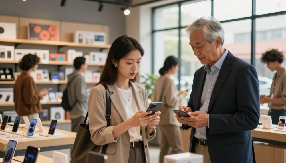 A modern market analysis scene showcasing a diverse group of consumers evaluating various types of products in a stylish, well-lit store. In the foreground, a young professional woman in smart casual clothing examines a sleek, innovative gadget closely, while an older gentleman in formal attire discusses the features with a store consultant. The middle ground features shelves filled with distinct product designs, highlighting market diversity. The background shows large windows allowing warm, natural light to filter into the space, creating a cozy, inviting atmosphere. The image should evoke a sense of curiosity and thoughtful consideration, capturing the essence of consumer preferences in a thriving market setting, all rendered with a cinematic quality in a 4:3 aspect ratio.