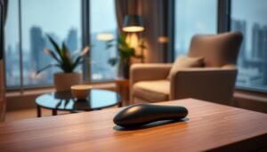 A modern, sleek setting designed for personal privacy, focusing on a well-lit, cozy corner of a Hong Kong apartment. In the foreground, a stylish and discreet electric male pleasure device is prominently displayed on a minimalist wooden table, surrounded by soft, ambient lighting that creates a serene atmosphere. In the middle ground, a tasteful decorative plant adds a touch of nature, and a comfortable armchair invites relaxation. The background features a softly blurred city skyline visible through a window, suggesting an urban environment. The overall mood is one of tranquility and sophistication, emphasizing the importance of discreet enjoyment in private spaces. The scene is captured with a warm color palette, utilizing a shallow depth of field to highlight the device while maintaining an inviting atmosphere.