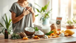 A serene and balanced scene depicting a variety of natural anti-sweat remedies in use. In the foreground, a person dressed in modest casual clothing is applying a natural deodorant made from organic ingredients, with emphasis on essential oils and herbal elements. In the middle ground, an array of natural ingredients like coconut oil, baking soda, and citrus peels displays their uses on a wooden countertop surrounded by greenery and sunlight filtering through a nearby window. The background features soft, blurred plants and a light, airy atmosphere that promotes a sense of calm and wellness. The warm, natural lighting enhances the soothing mood, creating an inviting environment that reflects the practical application of natural sweat remedies.