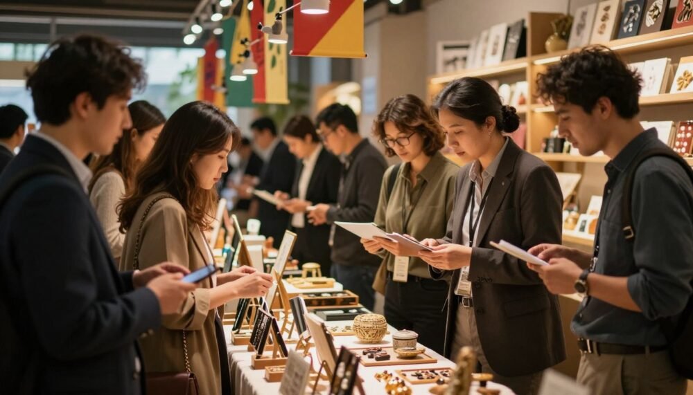 A vibrant and engaging market scene focused on the analysis of consumer behavior in the specialty product sector. In the foreground, a diverse group of well-dressed consumers actively examines a range of unique items displayed on elegant tables, showcasing intricately designed products. The middle ground features an inviting marketplace atmosphere with colorful banners and ambient lighting casting warm, inviting tones across the scene. The background hints at a cozy setting with shelves filled with related products and engaged vendors sharing insights with customers. The lighting is soft and warm, creating a cinematic vibe that evokes curiosity and intimacy. The image should capture the essence of consumer choice, interest, and interaction in a professional yet relaxed environment, framed in a 4:3 aspect ratio.