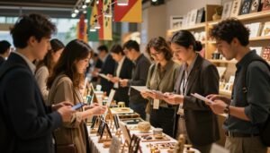 A vibrant and engaging market scene focused on the analysis of consumer behavior in the specialty product sector. In the foreground, a diverse group of well-dressed consumers actively examines a range of unique items displayed on elegant tables, showcasing intricately designed products. The middle ground features an inviting marketplace atmosphere with colorful banners and ambient lighting casting warm, inviting tones across the scene. The background hints at a cozy setting with shelves filled with related products and engaged vendors sharing insights with customers. The lighting is soft and warm, creating a cinematic vibe that evokes curiosity and intimacy. The image should capture the essence of consumer choice, interest, and interaction in a professional yet relaxed environment, framed in a 4:3 aspect ratio.