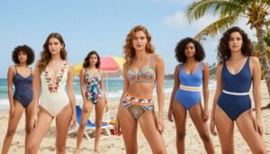 A vibrant beach scene showcasing various styles of swimwear with an emphasis on personalized fashion choices. In the foreground, diverse models exhibit a range of stylish swimsuits, each reflecting unique colors, patterns, and designs. One model in a chic one-piece with floral accents, another in a trendy high-waisted bikini with geometric patterns, and a third in a classic tankini with contemporary flair. In the middle ground, a colorful beach umbrella and a sun lounger add to the summer vibe. The background features a sunny blue sky, gentle waves lapping at the shore, and palm trees swaying in the breeze. Soft, natural lighting enhances the vivid colors, creating a cheerful and inviting atmosphere, while the camera angle captures the scene at eye level, promoting an engaging view of swimwear styles.
