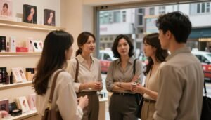 An intimate yet professional setting in Hong Kong showcasing the evolving social acceptance of adult products. In the foreground, a diverse group of couples, dressed in modest casual clothing, is engaged in a warm discussion near a visually appealing display of tasteful, artistic representations of adult products. The middle ground features a cozy, well-lit shop setting, adorned with soft lighting that creates a welcoming atmosphere. In the background, the vibrant streets of Hong Kong can be seen, bustling with activity yet harmonizing with the serene vibe of the shop. The mood is cinematic, evoking feelings of understanding, growth, and acceptance, captured with a shallow depth of field to focus on the couples’ expressions while gently blurring the surroundings. The scene is framed in a 4:3 aspect ratio for added intimacy.