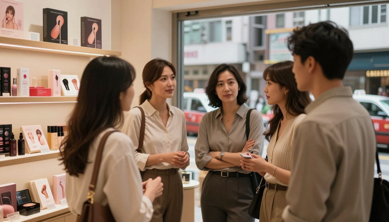 An intimate yet professional setting in Hong Kong showcasing the evolving social acceptance of adult products. In the foreground, a diverse group of couples, dressed in modest casual clothing, is engaged in a warm discussion near a visually appealing display of tasteful, artistic representations of adult products. The middle ground features a cozy, well-lit shop setting, adorned with soft lighting that creates a welcoming atmosphere. In the background, the vibrant streets of Hong Kong can be seen, bustling with activity yet harmonizing with the serene vibe of the shop. The mood is cinematic, evoking feelings of understanding, growth, and acceptance, captured with a shallow depth of field to focus on the couples’ expressions while gently blurring the surroundings. The scene is framed in a 4:3 aspect ratio for added intimacy.