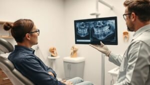 A dentist in a modern clinic, attentively examining a patient's dental X-ray on a digital display, showcasing a close-up of an impacted wisdom tooth. In the foreground, the dentist, dressed in professional attire, wears gloves and explains the evaluation process, emphasizing the complexities of space and occlusion in the patient's jaw. The patient, seated comfortably in a dental chair, looks inquisitive and attentive. The background features dental tools and an anatomical model of a jaw, subtly hinting at the assessment being carried out. Soft, clinical lighting creates a focused atmosphere, highlighting the interaction between the dentist and patient, while a sterile environment reinforces professionalism.