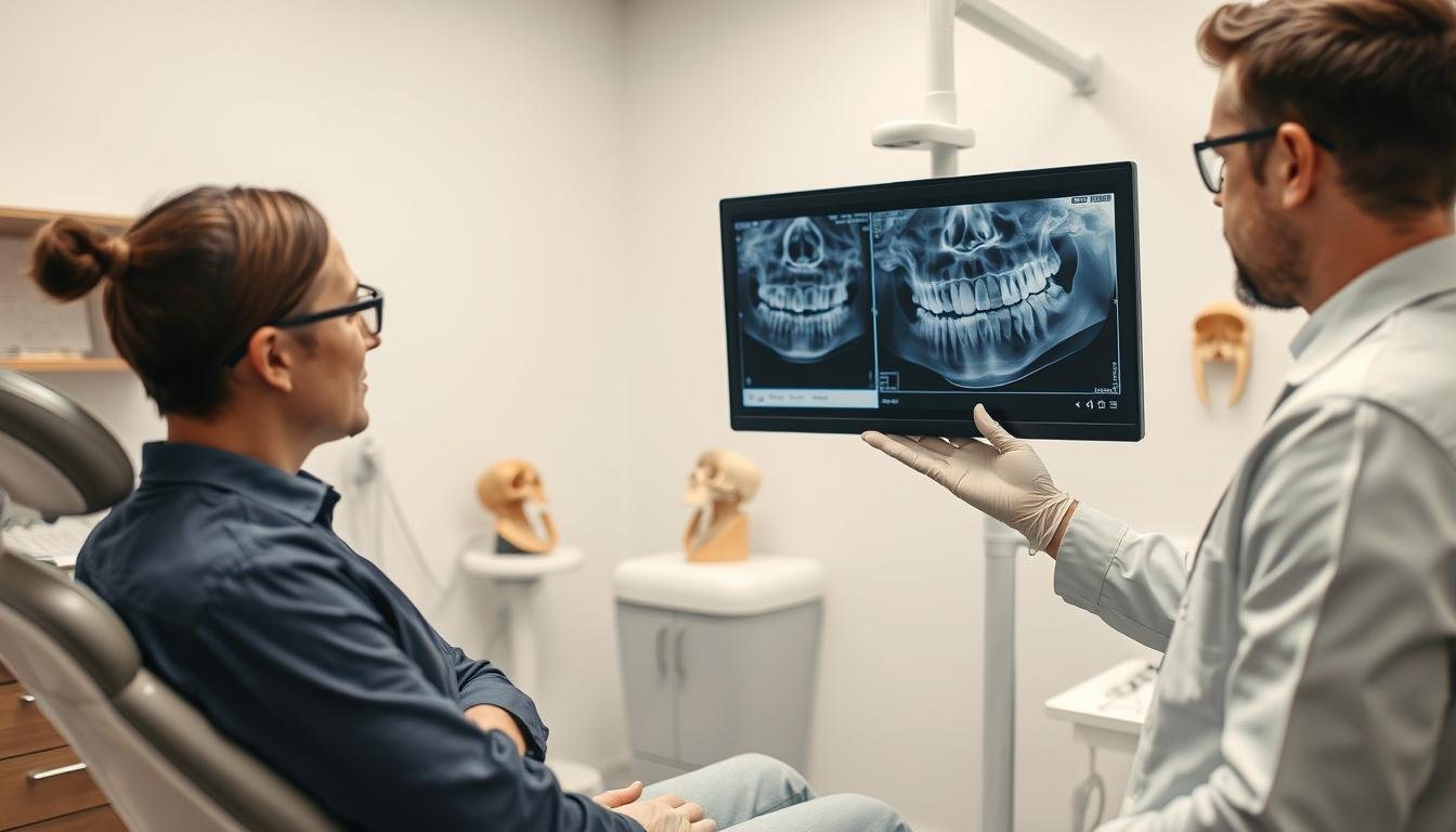 A dentist in a modern clinic, attentively examining a patient's dental X-ray on a digital display, showcasing a close-up of an impacted wisdom tooth. In the foreground, the dentist, dressed in professional attire, wears gloves and explains the evaluation process, emphasizing the complexities of space and occlusion in the patient's jaw. The patient, seated comfortably in a dental chair, looks inquisitive and attentive. The background features dental tools and an anatomical model of a jaw, subtly hinting at the assessment being carried out. Soft, clinical lighting creates a focused atmosphere, highlighting the interaction between the dentist and patient, while a sterile environment reinforces professionalism.
