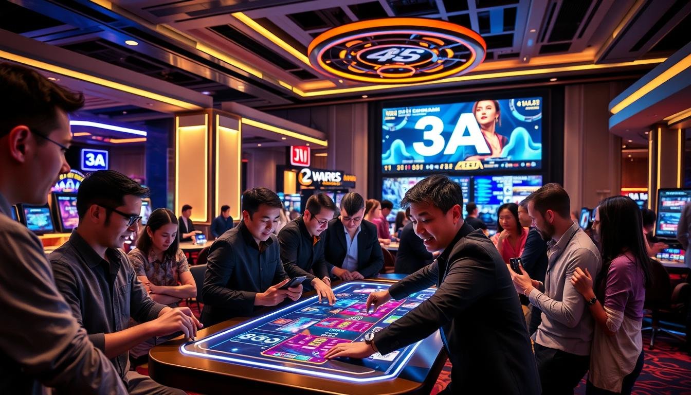 A dynamic interactive gaming environment showcasing the 3A brand. In the foreground, groups of players engaged in a captivating table game, wearing smart casual attire, displaying focused expressions and enthusiastic gestures. The middle layer features a high-tech gaming table with vibrant holographic displays, glowing interfaces, and immersive interactive elements. In the background, a sleek, modern casino interior with ambient lighting, elegant decor, and a large screen showcasing real-time game statistics. The lighting is warm, creating an inviting atmosphere while highlighting the intensity of the interaction. The angle captures the excitement from a slightly elevated perspective, emphasizing the interactivity and engagement of the players in the 3A entertainment experience.