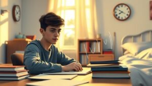 A focused teenage student sits at a study desk cluttered with books and notes, their brow slightly furrowed in concentration. The background features a softly lit room with calming colors, reflecting a peaceful study environment. A clock on the wall shows it's late afternoon, with warm sunlight filtering through a window, casting gentle shadows. In the foreground, emphasize a subtle, cartoonish representation of the sound of snoring, perhaps depicted as wispy lines or sound waves emanating from a nearby bed, hinting at a sibling or parent, illustrating the impact of snoring on the student's concentration. The overall atmosphere is serene yet slightly tense, capturing the struggle to focus amidst distractions.