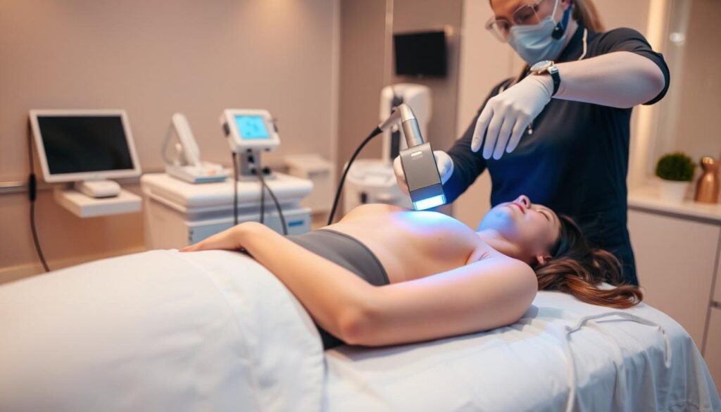 A professional laser hair removal treatment scene. In the foreground, a client is reclining comfortably on a treatment table, wearing modest clothing and with a calm expression. A trained technician, dressed in professional attire, is using a high-tech laser device, directing it towards an area of the client's skin with precision. In the middle ground, various medical equipment can be seen, including a cool gel and protective eyewear. The background features a modern, sterile clinic environment with soft lighting, creating a warm and inviting atmosphere. The image should convey a sense of professionalism and comfort, highlighting the technological aspect of the process while ensuring a clean and safe environment.