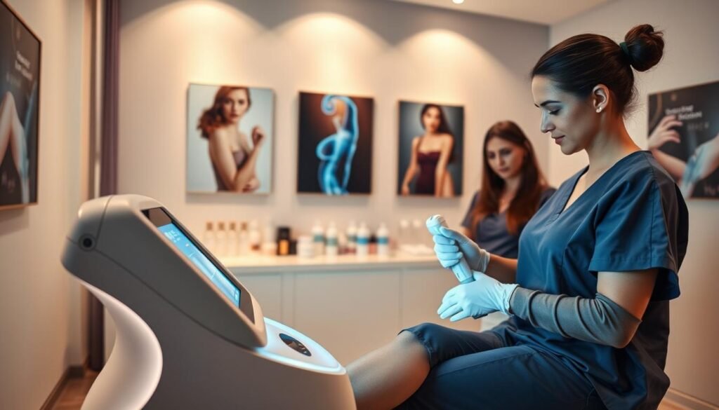 A serene and modern laser hair removal treatment room, featuring a sleek, high-tech laser device in the foreground. A professional practitioner in medical scrubs operates the device, focusing on a patient’s leg. The patient is dressed in professional, modest attire, appearing relaxed and comfortable. The walls are painted in calming colors, and soft lighting enhances the tranquil atmosphere. In the middle ground, various skincare products are neatly arranged on a counter, while posters demonstrating hair removal technology decorate the background. The image captures a sense of professionalism and advanced technology, all while conveying the precision and effectiveness of the laser hair removal process. The overall mood is clean, clinical, and reassuring, emphasizing trust in the procedure.