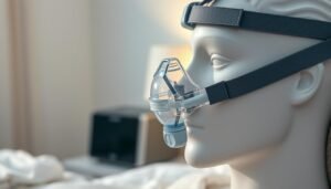 A close-up view of a sleep apnea CPAP mask, highlighting its design and structure. The mask is comfortably fitted on a mannequin's face, showcasing its cushioned edges and adjustable straps. The foreground features soft, diffused lighting that emphasizes the mask's materials and contours, creating a sense of intimacy and comfort. In the middle ground, there are blurred technical elements like a bedside table with a CPAP machine, subtly hinting at its function without distracting from the mask. The background is softly lit, suggesting a peaceful bedroom atmosphere, enhancing the mood of tranquility and relaxation. The overall composition captures the essence of comfort associated with using a sleep breathing device.