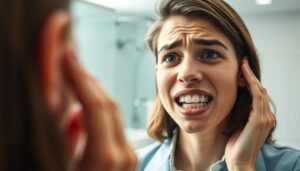A close-up view of a worried young adult examining their teeth in a mirror, showcasing the potential signs of loosening teeth due to Invisalign use. The foreground features a clear, well-fit Invisalign aligner positioned between the person’s teeth, emphasizing the topic. In the middle, the person's face displays a concerned expression, wearing professional attire, enhancing a serious mood. The background includes a softly blurred bathroom setting with bright, natural light highlighting facial details and the aligner. The focus is on the reflection in the mirror, capturing the moment of realization about dental health. The overall atmosphere conveys a thoughtful and caring approach to dental treatment, while maintaining a clean and safe aesthetic.