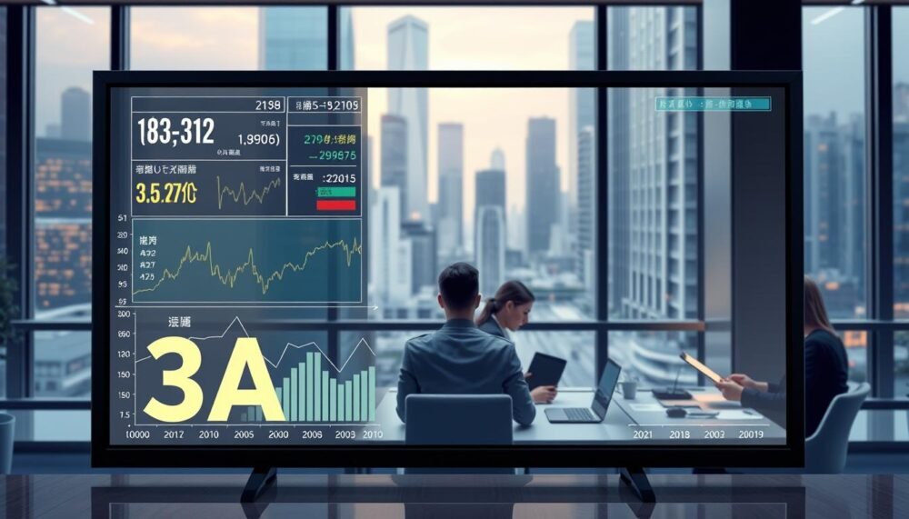 A detailed and professional illustration depicting the concept of "3A 娛樂城金流結算" in a financial setting. In the foreground, show a digital screen displaying real-time transaction data with graphs and statistics, representing the flow of funds. In the middle, depict a modern office environment with employees in professional business attire engaged in discussions, analyzing data on laptops and tablets. The background should feature a large window with a cityscape view, suggesting a bustling financial district. Utilize soft lighting to create a calm yet focused atmosphere, with a slight depth of field effect to emphasize the screen in the foreground. The overall composition should convey efficiency and professionalism in financial settlements during holiday periods.