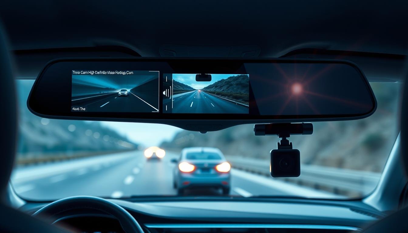 A futuristic car interior showcasing an integrated design of a dashcam and electronic rearview mirror. In the foreground, a sleek electronic rearview mirror displays a clear view of the rear with digital overlays indicating safety features. In the middle ground, a dashcam is prominently positioned, capturing high-definition video footage, highlighting its advanced optics. The background depicts a road scene with a vehicle approaching with high beams on, but the interior effectively illustrates the anti-glare technology in action, ensuring driver comfort. Soft ambient lighting creates an innovative and high-tech atmosphere, emphasizing the blend of aesthetics and functionality. The image should maintain a professional feel, suitable for a technology-focused article.