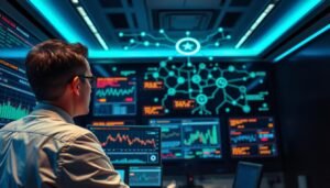 A high-tech control room focused on anomaly detection in a digital banking environment. In the foreground, a professional-looking analyst, dressed in business attire, is intently monitoring multiple screens filled with graphs, charts, and alert notifications indicating high-frequency account changes. The middle ground features a digital display wall showcasing interconnected data points with algorithms and warning signals. The background depicts sleek, modern architecture with dim blue and green ambient lighting, emphasizing a sense of urgency and vigilance. The atmosphere feels intense and focused, highlighting the importance of security in the digital finance sector. The image captures the advanced technology and professional dedication to safeguarding against unusual behaviors in banking activities.