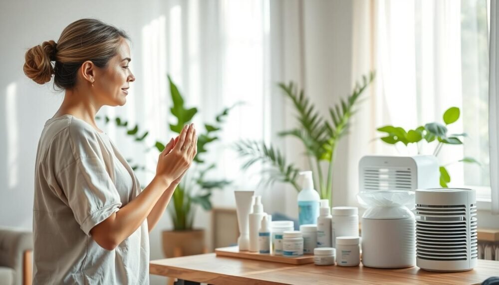 A serene and clean home environment focusing on eczema care. In the foreground, a light-skinned woman in modest casual clothing is carefully examining her skin, showing a sense of dedication and hope. In the middle ground, there’s a well-organized table with various eczema treatment products like creams and moisturizers, alongside a dehumidifier and air purifier, emphasizing the importance of a healthy living space. The background features a bright, sunny room with green plants and soft, natural lighting filtering through sheer curtains, creating a calming atmosphere. This scene conveys the ongoing commitment to skin health and preventative care after eczema treatment, promoting a positive outlook on recovery.