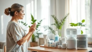 A serene and clean home environment focusing on eczema care. In the foreground, a light-skinned woman in modest casual clothing is carefully examining her skin, showing a sense of dedication and hope. In the middle ground, there’s a well-organized table with various eczema treatment products like creams and moisturizers, alongside a dehumidifier and air purifier, emphasizing the importance of a healthy living space. The background features a bright, sunny room with green plants and soft, natural lighting filtering through sheer curtains, creating a calming atmosphere. This scene conveys the ongoing commitment to skin health and preventative care after eczema treatment, promoting a positive outlook on recovery.
