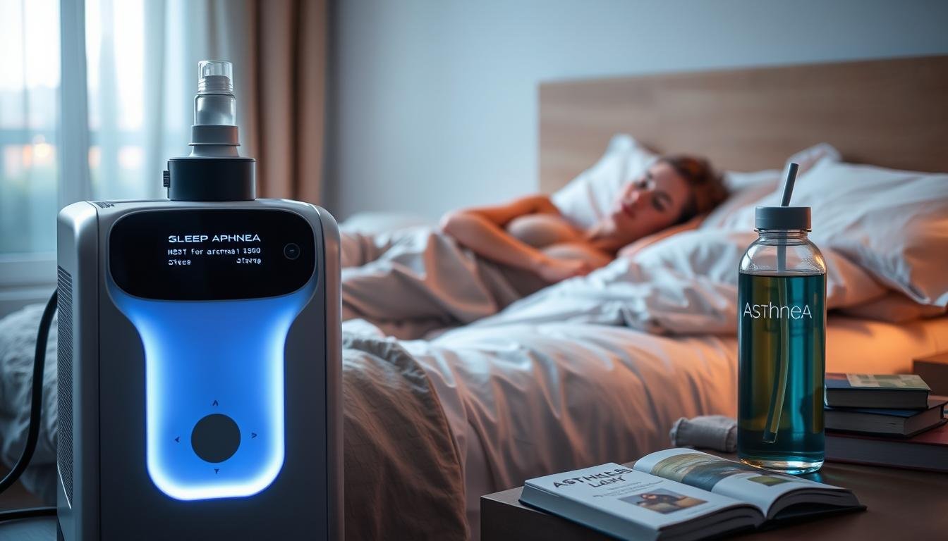 A serene bedroom scene featuring a modern sleep apnea machine next to a comfortable, neatly made bed. In the foreground, the machine has a display panel glowing softly, showcasing its features. The middle layer includes a person in modest loungewear, peacefully sleeping on the bed with a gentle expression, illustrating the machine's positive impact on their asthma condition. The background captures a tranquil setting with soft, warm lighting filtering through sheer curtains, casting a calming ambiance. A bedside table holds a book about asthma management and a stylish water bottle, emphasizing health and wellness. The overall mood is one of tranquility and support, highlighting the benefits of using a sleep apnea machine for asthma patients.