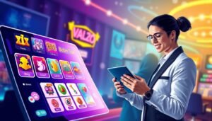 A vibrant, well-lit illustration showcasing a variety of gaming options available at a modern online entertainment platform. In the foreground, feature a sleek digital interface displaying colorful lottery game icons (including icons for 彩539 and 大樂透) and interactive buttons. The middle ground features a tech-savvy individual, dressed in professional business attire, engaging with the platform on a tablet device, showcasing diverse game selections. The background captures a virtual casino ambiance with soft glowing lights and abstract patterns to convey a sense of excitement and opportunity. The overall mood is lively and engaging, reflecting diversity in gaming choices and the thrill of fair play, with a focus on fairness and synchronization with official lottery results.
