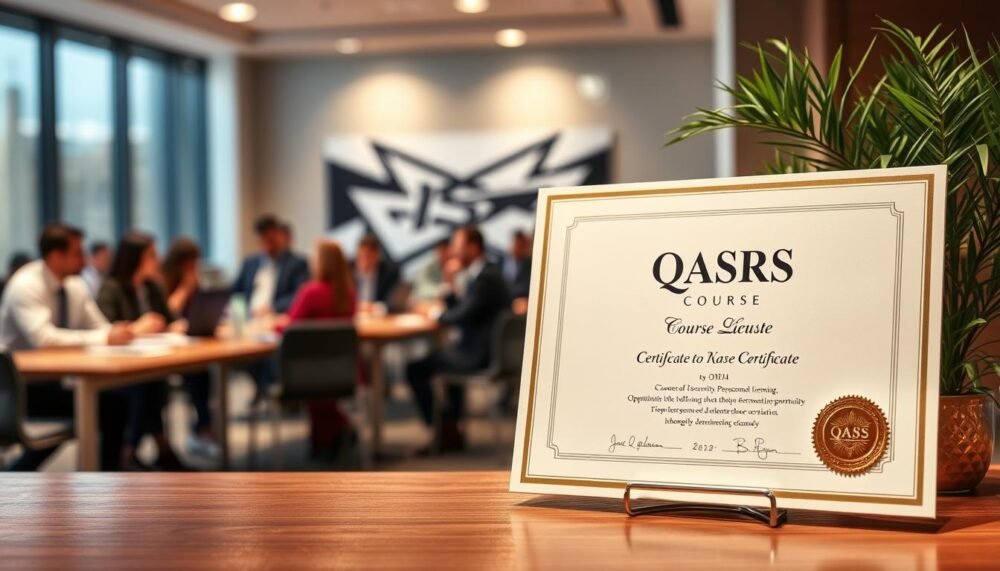 A close-up image of a QASRS course certificate displayed prominently on a polished wooden desk. The certificate has a gold seal and elegant typography, reflecting professionalism and achievement. In the background, softly blurred, are images of a modern classroom environment filled with engaged students in professional attire, participating in a training session. The lighting is warm and inviting, casting gentle shadows and creating a sense of accomplishment. A plant is subtly placed in the corner to add a touch of greenery. The overall atmosphere conveys the significance of completing the QASRS course and the opportunities it provides for career advancement in security personnel licensing.