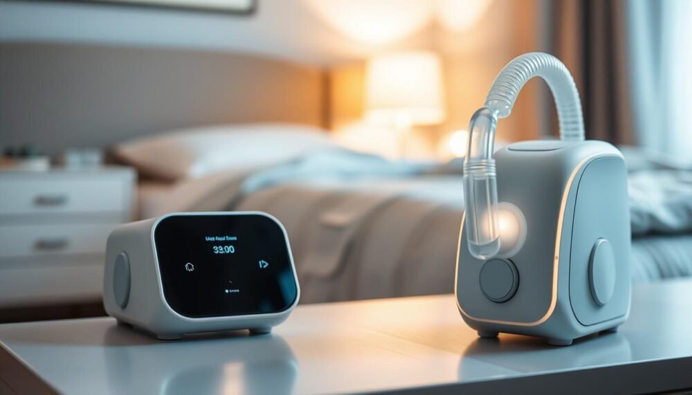 A close-up view of a modern sleep apnea machine, featuring sleek design and advanced technology, is placed on a bedside table. In the foreground, the device is illuminated with soft, warm lighting, highlighting its smooth contours and digital interface. In the middle ground, a cozy bedroom scene reveals a neatly made bed with comfortable linens, suggesting a restful atmosphere. The background features softly blurred nightstands with a lamp emitting gentle light, enhancing the serene mood. The overall color palette is calming and inviting, using soft blues and whites to create an atmosphere of tranquility. This composition aims to convey the importance of sleep therapy devices in promoting restful sleep and overall well-being.