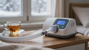 A close-up view of a sleep apnea CPAP machine setup in a cozy winter bedroom, focusing on the flexible breathing hose. In the foreground, droplets of condensation gather on the hose, highlighting the winter condensation issue. Soft, warm lighting illuminates the scene, creating a comforting atmosphere. In the middle ground, the CPAP machine with its digital display is clearly visible, along with a neatly arranged bedside table featuring a cup of herbal tea and a warm blanket draped over a chair. In the background, frosty windowpanes show a winter landscape outside, suggesting cold weather. The overall mood is serene and introspective, capturing the challenges faced by users in colder months.