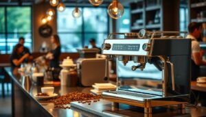 A high-end Slayer Espresso coffee machine showcased in a modern coffee shop setting. The machine should be prominently displayed in the foreground, with its unique design features, such as the manual pressure system, sleek lines, and polished chrome accents gleaming under soft, warm lighting. The middle ground features an elegant countertop with freshly brewed espresso cups, coffee beans, and barista tools scattered artfully around. In the background, blurred coffee shop elements such as patrons enjoying their drinks and baristas in professional attire create a lively atmosphere. The image should have a warm, inviting mood, emphasizing the artisanal quality of the coffee experience. Use a shallow depth of field to highlight the machine in detail while softly blurring the background elements.