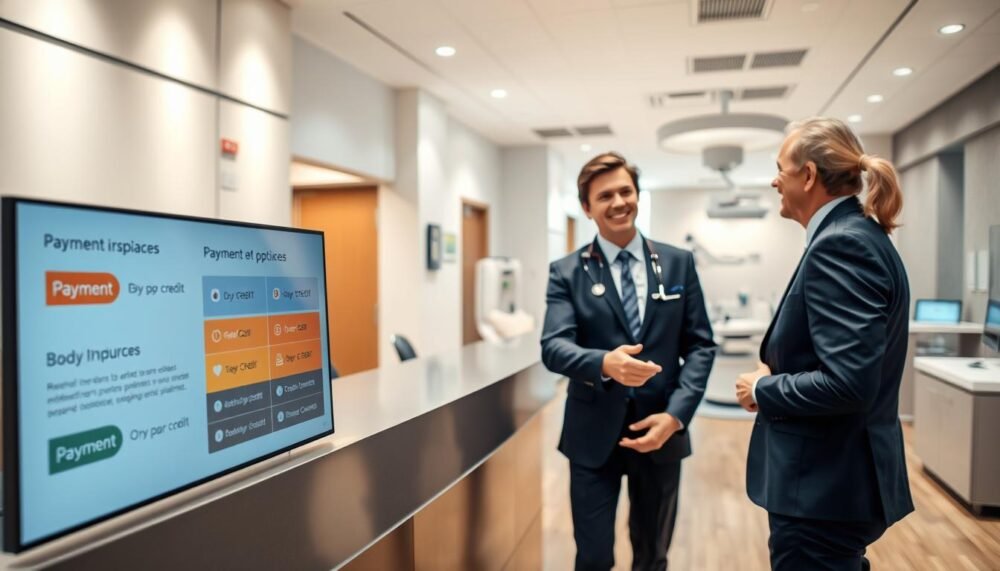A modern outpatient medical center showcasing various payment options for patients undergoing day surgery and endoscopic procedures. In the foreground, a friendly healthcare professional in smart business attire interacts with a patient, pointing to a digital display of payment choices, including credit and insurance options. The middle ground features a clean, well-organized reception area with digital signage illustrating budget considerations for patients. The background highlights a sleek, state-of-the-art treatment room with advanced medical equipment in soft, professional lighting. The atmosphere is welcoming and reassuring, emphasizing accessibility and efficiency in a contemporary healthcare setting. The image should have a warm and inviting tone, captured with a slightly blurred background to keep focus on the interaction at the reception desk.