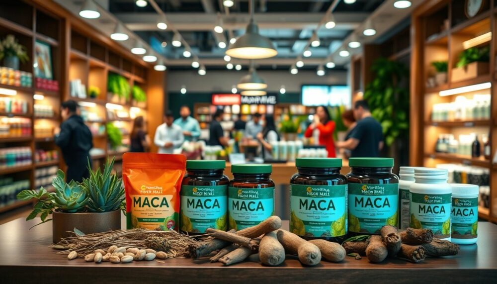 A vibrant, inviting display of Moon River Mall's Maca products in a modern retail setting. In the foreground, an elegantly arranged table showcasing assorted Maca supplements with colorful packaging, surrounded by natural elements like fresh herbs and roots. In the middle, a soft-focus view of a well-lit, stylish store interior with wooden accents and greenery, emphasizing a warm, welcoming atmosphere. The background features shoppers browsing and engaging with knowledgeable staff, illustrating a sense of community and trust. Soft, ambient lighting enhances the mood, creating a serene yet lively shopping experience. The composition is captured from a slight angle, showcasing depth and inviting the viewer into this health-focused destination without any text or overlays.
