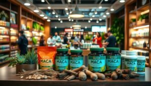 A vibrant, inviting display of Moon River Mall's Maca products in a modern retail setting. In the foreground, an elegantly arranged table showcasing assorted Maca supplements with colorful packaging, surrounded by natural elements like fresh herbs and roots. In the middle, a soft-focus view of a well-lit, stylish store interior with wooden accents and greenery, emphasizing a warm, welcoming atmosphere. The background features shoppers browsing and engaging with knowledgeable staff, illustrating a sense of community and trust. Soft, ambient lighting enhances the mood, creating a serene yet lively shopping experience. The composition is captured from a slight angle, showcasing depth and inviting the viewer into this health-focused destination without any text or overlays.