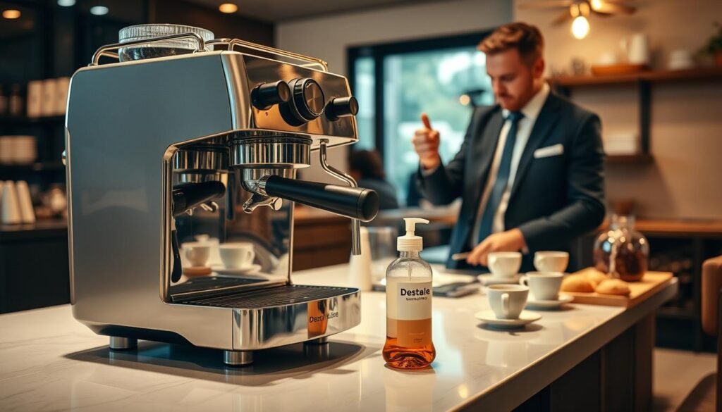 A detailed and informative scene depicting the importance of cleaning a coffee machine. In the foreground, a pristine coffee machine, gleaming and well-maintained, sits on a polished countertop. The stainless steel body reflects soft, warm, ambient lighting, highlighting its features. In the middle, a customer, dressed in professional business attire, is attentively inspecting the steam wand, while a cleaning brush and descaling solution can be seen nearby, indicating the cleaning process. In the background, a cozy café atmosphere with coffee cups and pastries creates an inviting ambiance. Soft, diffused light filters through a nearby window, enhancing the warm, knowledgeable atmosphere, conveying a sense of care and professionalism in coffee preparation. The overall mood is clean, hygienic, and focused on quality maintenance.