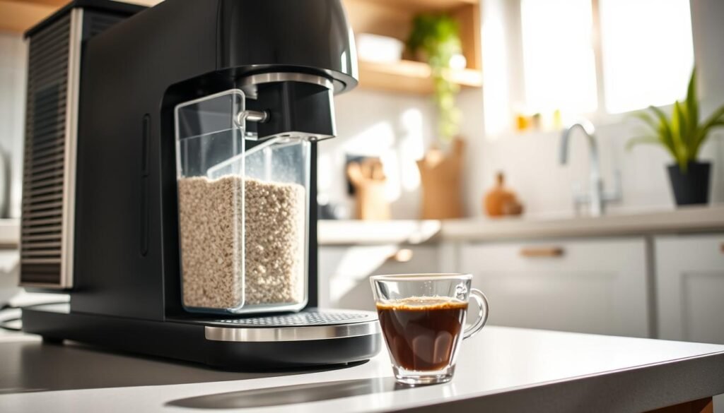 A modern coffee machine prominently displayed in a bright, clean kitchen environment. In the foreground, focus on the coffee machine's decalcification system with the water tank partially removed, highlighting scale buildup inside the tank. In the middle ground, include a coffee cup with a visible layer of coffee grounds at the bottom, emphasizing the need for cleaning. The background shows a clutter-free countertop, with natural light streaming in through a window, casting soft shadows. The atmosphere is calm and inviting, suggesting a routine maintenance scenario. Use a shallow depth of field to keep attention on the coffee machine and its components while blurring the background slightly. The scene conveys the importance of regular cleaning for coffee machines to maintain performance.