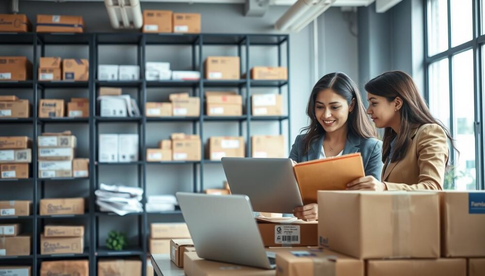 A professional-looking office space showcasing an American package forwarding service. In the foreground, a diverse group of two business professionals—one male and one female—are discussing logistics over a laptop and shipping boxes, both dressed in business attire. In the middle ground, shelves filled with various international shipping packages and mailing supplies, emphasizing organization and efficiency. The background features a large window with bright daylight streaming in, highlighting the vibrancy of the work environment. Bright colors and a clean, modern aesthetic create a welcoming and productive atmosphere, focusing on the seamless process of package forwarding. Use soft lighting to enhance the professionalism of the workspace while ensuring the mood feels approachable and customer-friendly.