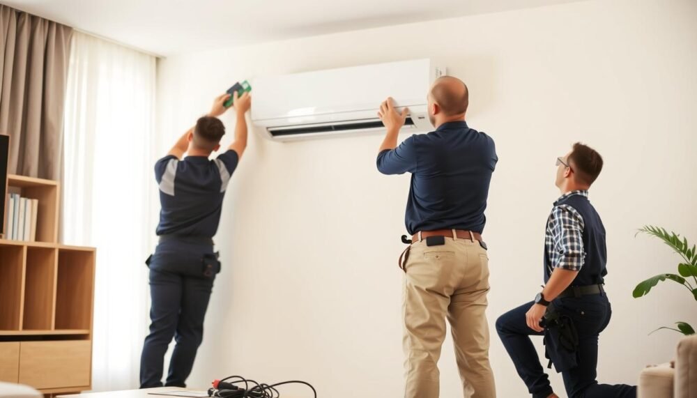 A professional team of technicians carefully installing a split-type air conditioning unit in a modern living room. In the foreground, focus on two technicians, one working on the indoor unit mounted on the wall, and the other managing wires and tools at their feet. They are dressed in smart uniforms, ensuring a professional appearance. The middle section features the split air conditioning unit, sleek and contemporary, with its exterior largely visible for clarity. The background shows a clean, well-lit room with a large window allowing soft natural light to flow in, creating a bright and inviting atmosphere. The overall mood is focused and professional, highlighting the importance of choosing skilled technicians for installation.