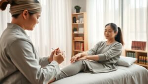 A serene acupuncture treatment for eczema in a calming clinic environment. In the foreground, a practitioner in modest professional attire gently applies needles on a patient's forearm, demonstrating the traditional art of acupuncture. The patient, also dressed in comfortable yet professional clothing, sits relaxed on a treatment table, their expression calm and peaceful. In the middle ground, the room is filled with soft, diffuse natural light filtering through sheer curtains, creating a warm atmosphere. Shelves lined with herbal remedies and traditional Chinese medicine books add authenticity to the background. The overall mood is tranquil and healing, emphasizing the therapeutic approach to manage eczema through acupuncture, inviting viewers to connect with the practice's calming benefits.
