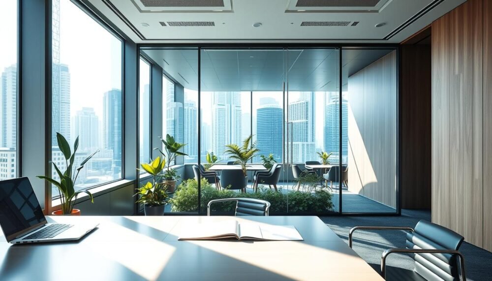 A sophisticated and modern office space in Wanchai, Hong Kong, illuminated by soft, natural light streaming through large windows. The foreground features a sleek, contemporary desk with a laptop, papers, and a stylish chair, representing the professional environment. In the middle ground, a glass partition separates meeting spaces filled with greenery, emphasizing an inviting and productive atmosphere. The background displays a view of iconic Hong Kong architecture through the windows, adding a vibrant cityscape. The mood is focused and business-oriented, ideal for illustrating important lease terms and rental details. The image should prioritize cleanliness and professionalism, with no people present, ensuring it remains free of text or overlays.