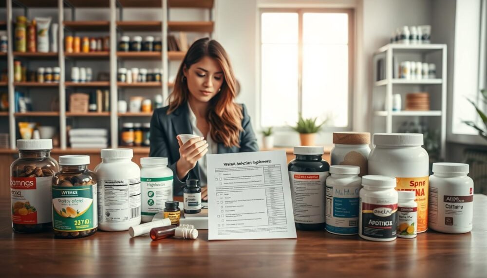 A well-organized workspace featuring a diverse selection of American health supplements, positioned on a sleek wooden table. In the foreground, a professional-looking woman in business attire is analyzing product labels with a thoughtful expression, surrounded by bottles and boxes of vitamins, herbal supplements, and protein powders. The middle ground shows a printed checklist highlighting key selection criteria like ingredients, certifications, and dosage. In the background, soft natural lighting filters through a window, casting a warm glow, while shelves display neatly arranged health products. The mood is focused and informative, emphasizing professionalism and careful consideration in selecting health supplements. The image is captured from a slightly elevated angle to showcase both the products and the woman’s engagement with them.