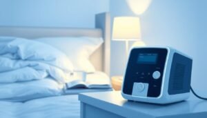 A detailed illustration of a sleep apnea machine, prominently displayed in the foreground. The device features sleek, modern design elements with intuitive controls and a digital display. Surrounding the machine are soft, calming hues of blue and white, evoking a serene nighttime atmosphere. In the middle ground, a bedside table holds the machine alongside a neatly stacked book, a glass of water, and a subtly glowing bedside lamp. In the background, a dimly lit bedroom creates a peaceful ambiance, with soft textures and minimalistic decor. The lighting is soft and diffuse, capturing the tranquility of a restful night. The overall mood is peaceful, emphasizing the unique functionality of the sleep apnea machine in improving sleep quality.
