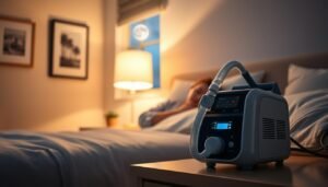 A serene bedroom scene at night, focusing on a modern CPAP machine on a bedside table, softly illuminated by the gentle glow of a bedside lamp. In the foreground, the machine features sleek lines and a digital display, seamlessly integrated into the surroundings. The middle ground includes a cozy bed with a patient sleeping peacefully, wearing a comfortable, modest sleeping mask and pajamas. The background shows soft shadows on light-colored walls, with calming artwork and a window slightly ajar, letting in moonlight and a hint of tranquility. The overall atmosphere is peaceful and supportive, evoking a sense of stability and comfort in nighttime respiratory support. The lighting is warm and inviting, capturing the essence of a restful night.