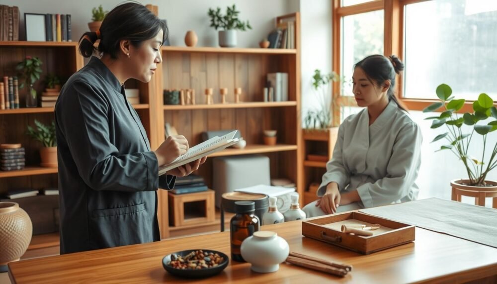 A traditional Chinese medicine clinic interior focusing on an acupuncturist evaluating a patient for acne treatment. In the foreground, a knowledgeable acupuncturist, dressed in modest professional attire, examines notes and discusses symptoms with a patient, who is sitting comfortably. The middle ground features a wooden treatment table and various herbal remedies and acupuncture tools, elegantly arranged. The background should showcase a serene clinic environment with wooden shelves filled with traditional Chinese medicine books and plants, soft natural lighting filtering through a window, creating a calm atmosphere. The overall mood should evoke trust and professionalism, reflecting the holistic and comprehensive assessment process involved in Chinese medicine for treating acne.