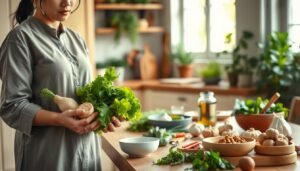 A tranquil and harmonious scene depicting a traditional Chinese medicine approach to managing polycystic ovary syndrome (PCOS) through holistic lifestyle strategies. In the foreground, a health professional in modest casual clothing, possibly a woman of Asian descent, holds fresh vegetables and herbal remedies, illustrating a focus on nutrition. The middle ground shows a serene kitchen setting with a wooden table adorned with cooking ingredients like ginger, garlic, and green leafy vegetables. In the background, soft natural light filters through a window, highlighting an indoor garden with medicinal herbs. The overall mood conveys calmness and wellness, emphasizing balance and self-care in daily life. The composition should be well-lit, with a gentle focus, creating an inviting and educational atmosphere.
